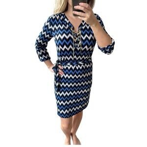 Michael Kors Size Large Blue Black Chevron Gold Chain Lace Up Belted Dress